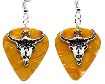Cow Bull Skull Western Charm Guitar Pick Earrings - Choose Color - Handmade in USA