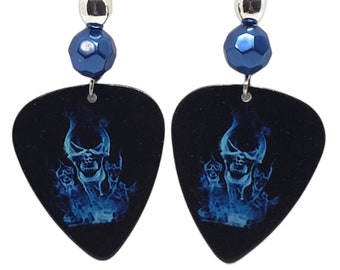 Various Skulls, Skeletons, Demons, Flames Gothic Guitar Pick Beaded Earrings - Handmade in USA