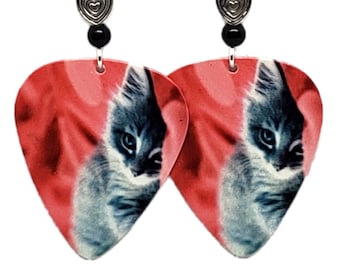 Cute Grey Kitten Kitty on Red Guitar Pick Beaded Earrings - Handmade in USA