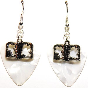 Bible Book Charm with Cross and Dove Guitar Pick Earrings - Choose Color - Handmade in USA