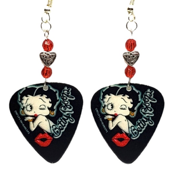 BETTY BOOP on Red and Black Guitar Pick Beaded Earrings - Handmade in USA