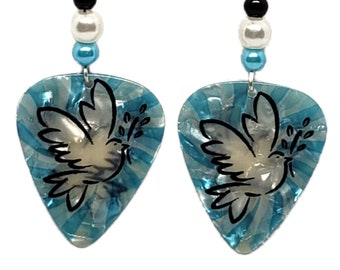 White DOVE on Blue Religious Guitar Pick Beaded Earrings - Handmade in USA