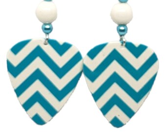 CHEVRON Teal Blue and White Easter Egg Guitar Pick Beaded Earrings - Handmade in USA