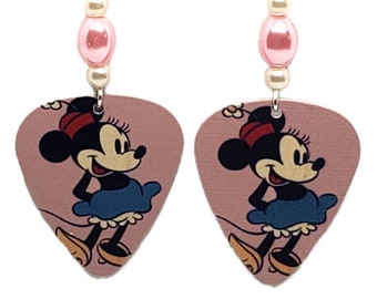 MINNIE MOUSE on Pink NEW Handmade in USA Guitar Pick Earrings with Beads 