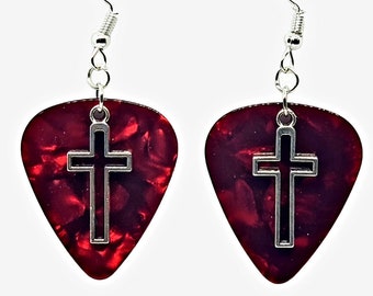 Open Cross Religious Charm Guitar Pick Earrings - Choose Color - Handmade in USA