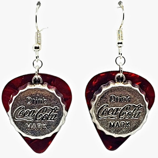 Coca-Cola Bottlecap Coke Charm on Guitar Pick Beaded Earrings - Handmade in USA