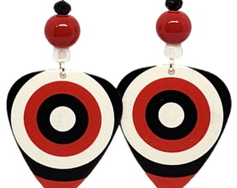 BULLSEYE Red Black & White Guitar Pick Beaded Earrings - Handmade in USA