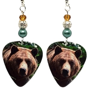 Brown and Black BEAR Guitar Pick Beaded Earrings - Handmade in USA