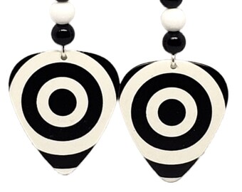 BULLSEYE Black & White Guitar Pick Beaded Earrings - Handmade in USA
