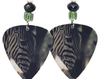 Striped Zebra on Guitar Pick Beaded Earrings - Handmade in USA