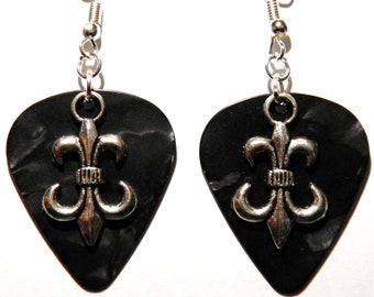 Fleur de Lis Down Charm Guitar Pick Earrings - Choose Color - Handmade in USA