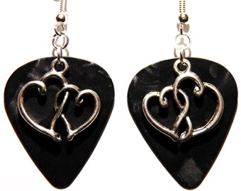 Double Heart Charm Guitar Pick Earrings - Choose Color - Handmade in USA