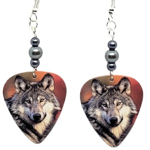 WOLF HEAD on Orange Guitar Pick Beaded Earrings - Handmade in USA