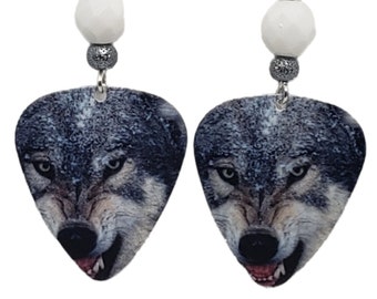 WOLF Snarling Guitar Pick Beaded Earrings - Handmade in USA