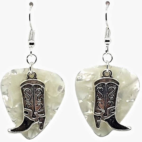 Lg Cowboy Boot Charm Guitar Pick Earrings - Choose Color - Handmade in USA