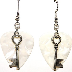 Key with Heart Charm Guitar Pick Earrings - Choose Color - Handmade in USA