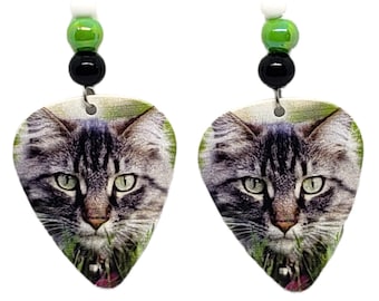 Gray Tabby CAT Kitten on Green Guitar Pick Beaded Earrings - Handmade in USA