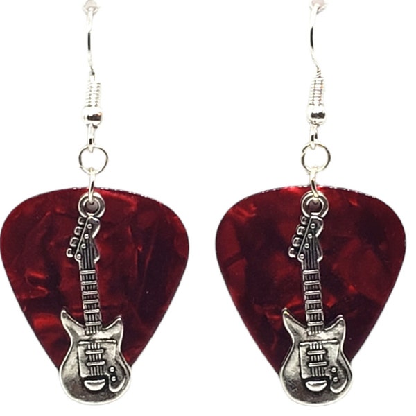 Electric Guitar Charm on Guitar Pick Earrings - Choose Color - Handmade in USA