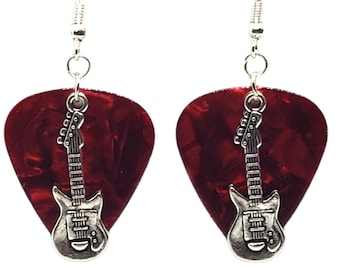 Electric Guitar Charm on Guitar Pick Earrings - Choose Color - Handmade in USA