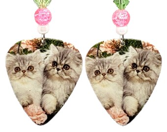 Cute Persian Kittens Kitty Cats on Guitar Pick Beaded Earrings - Handmade in USA