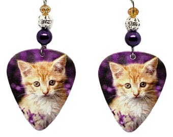Yellow Kitten Kitty Cat on Purple Guitar Pick Beaded Earrings - Handmade in USA