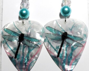 Blue Dragonfly on Guitar Pick Beaded Earrings - Handmade in USA