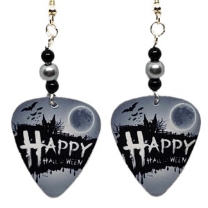 HAPPY HALLOWEEN (2 Styles) on Guitar Pick Beaded Earrings - Handmade in USA