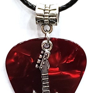 Electric Guitar Charm on Thin Black Cord Guitar Pick Necklace Choose Color Handmade in USA Red