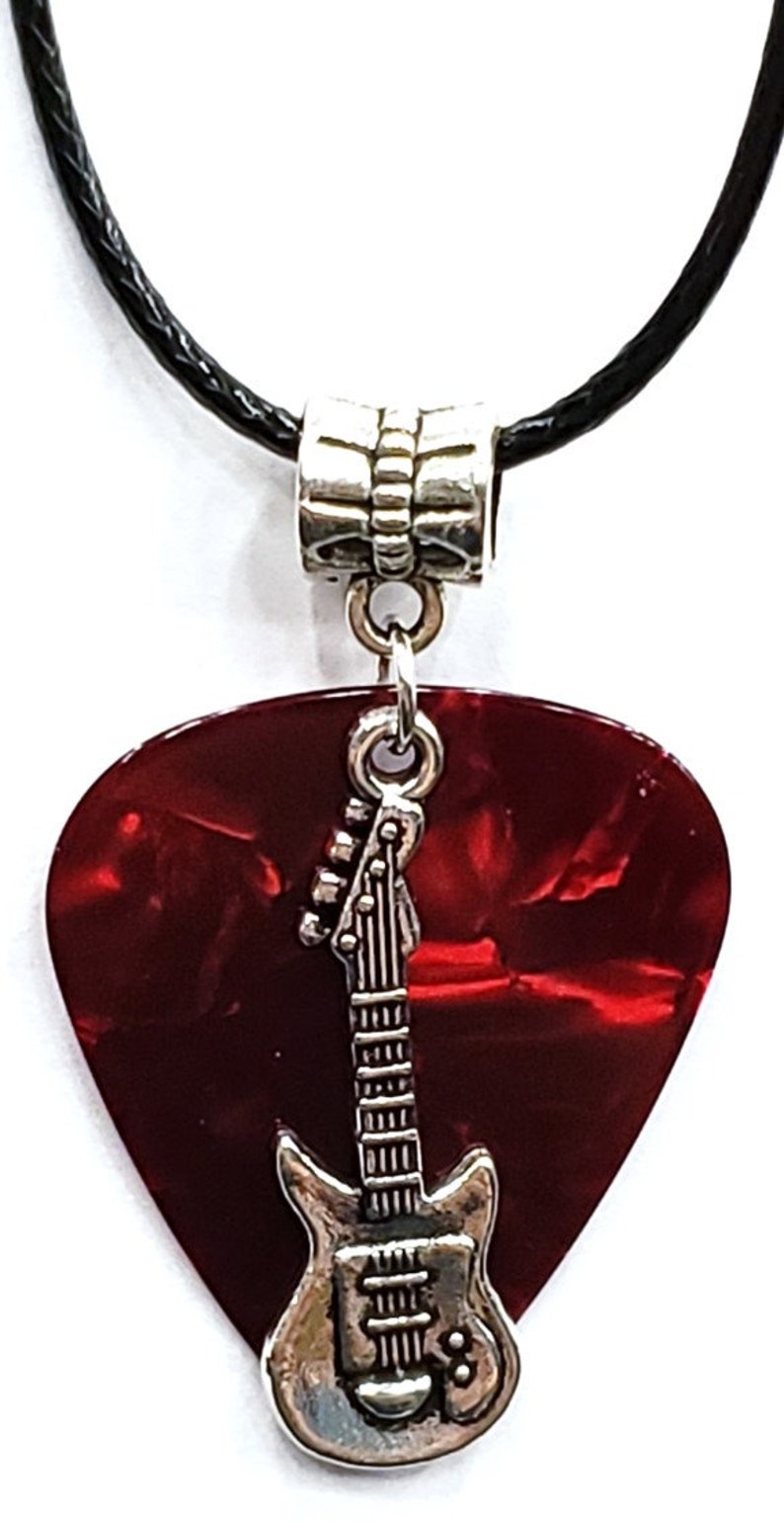 Electric Guitar Charm on Thin Black Cord Guitar Pick Necklace Choose Color Handmade in USA Red