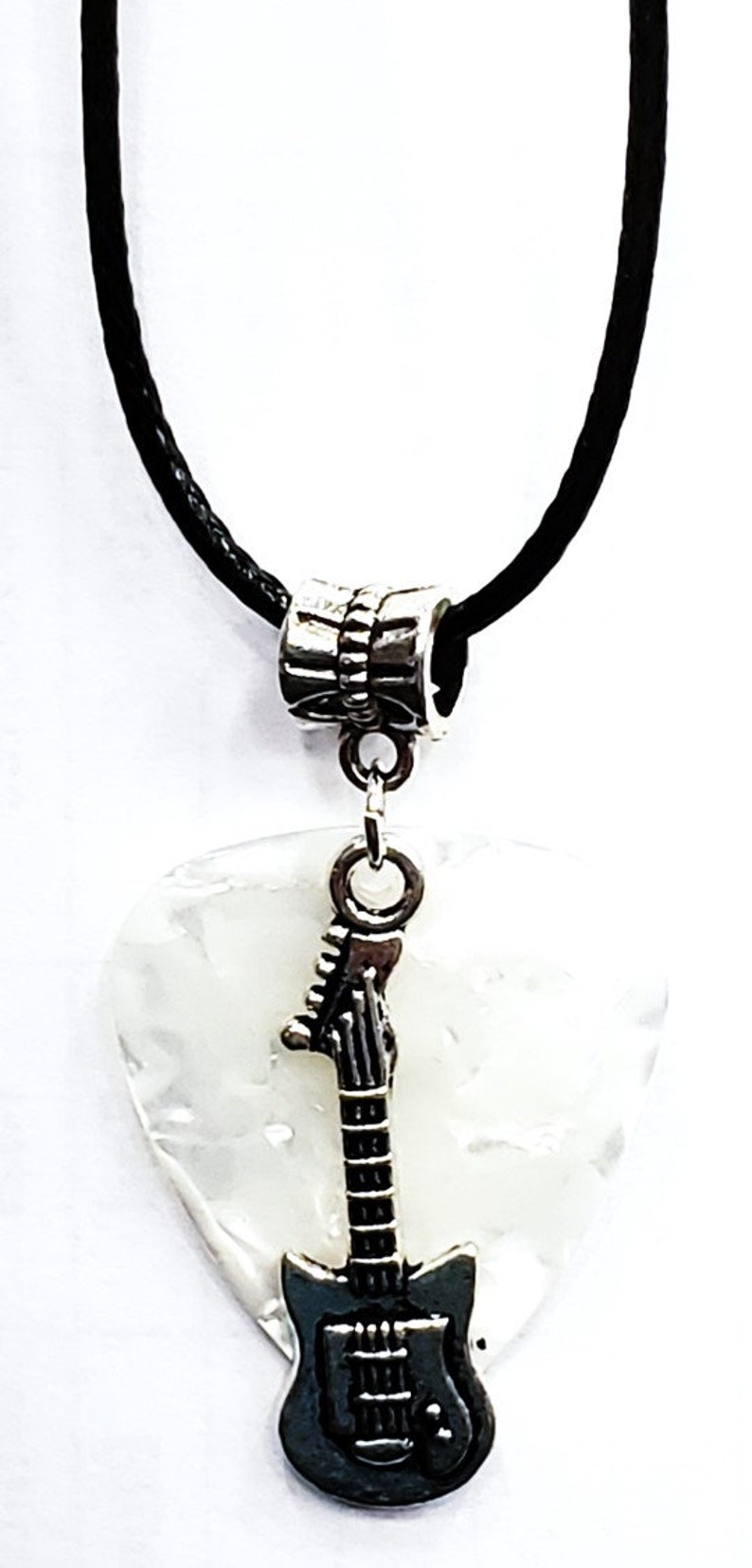 Electric Guitar Charm on Thin Black Cord Guitar Pick Necklace Choose Color Handmade in USA White