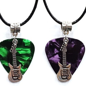 Electric Guitar Charm on Thin Black Cord Guitar Pick Necklace Choose Color Handmade in USA Green