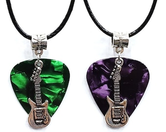 Electric Guitar Charm on Thin Black Cord Guitar Pick Necklace - Choose Color - Handmade in USA