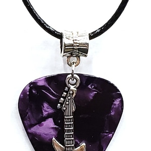 Electric Guitar Charm on Thin Black Cord Guitar Pick Necklace Choose Color Handmade in USA Purple