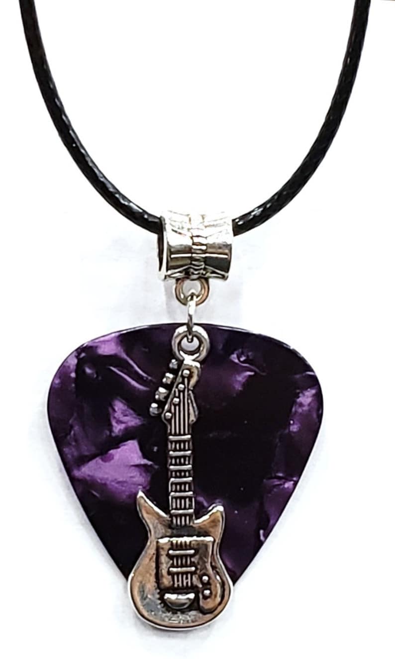 Electric Guitar Charm on Thin Black Cord Guitar Pick Necklace Choose Color Handmade in USA Purple