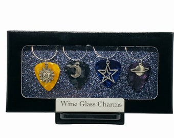 Outer Space Charms on Guitar Picks Wine Glass Charms Wine Markers, Set of 4, Choose Design, Boxed Set