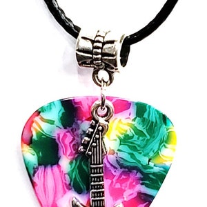 Electric Guitar Charm on Thin Black Cord Guitar Pick Necklace Choose Color Handmade in USA Tie Dye