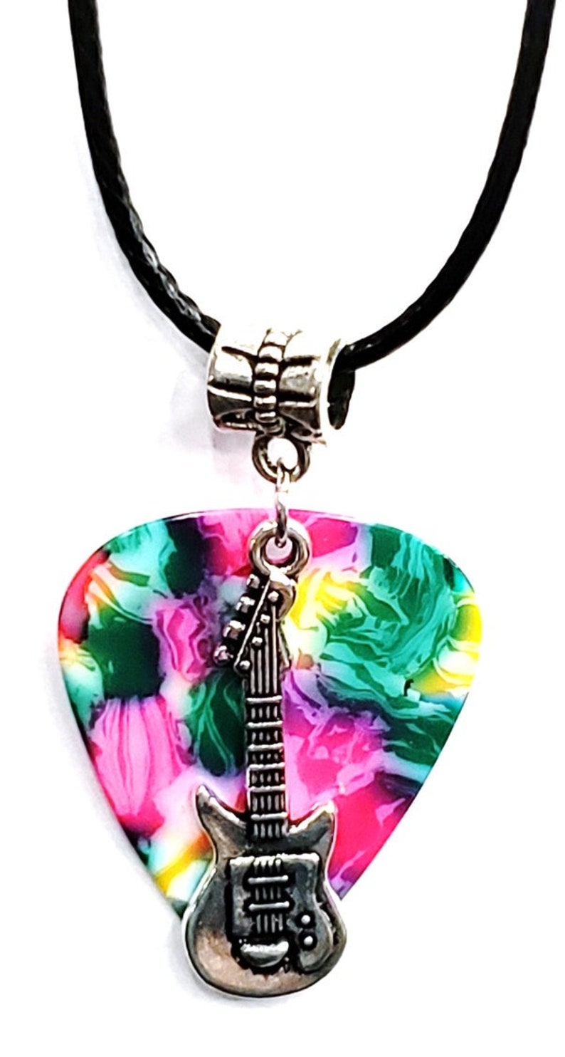 Electric Guitar Charm on Thin Black Cord Guitar Pick Necklace Choose Color Handmade in USA Tie Dye