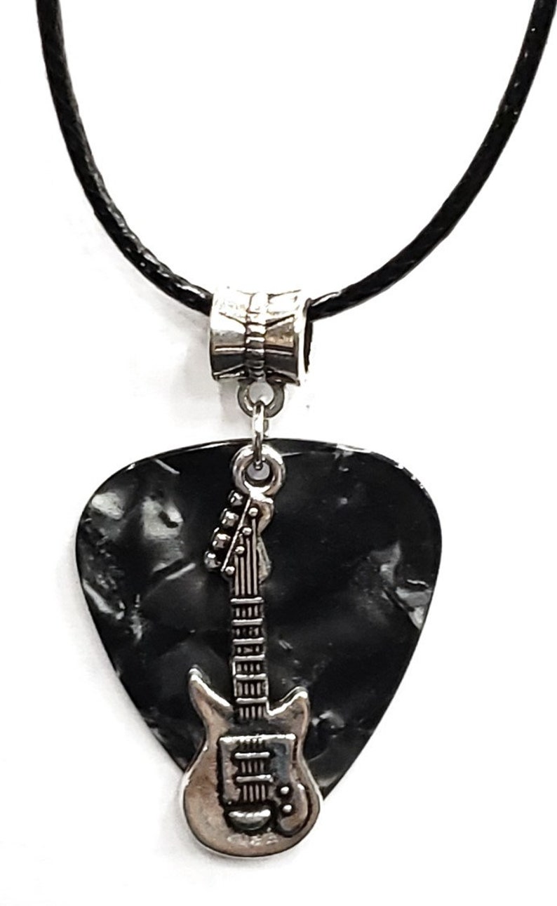 Electric Guitar Charm on Thin Black Cord Guitar Pick Necklace Choose Color Handmade in USA Black