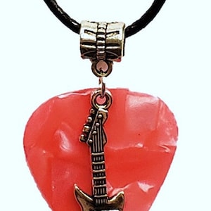 Electric Guitar Charm on Thin Black Cord Guitar Pick Necklace Choose Color Handmade in USA Pink