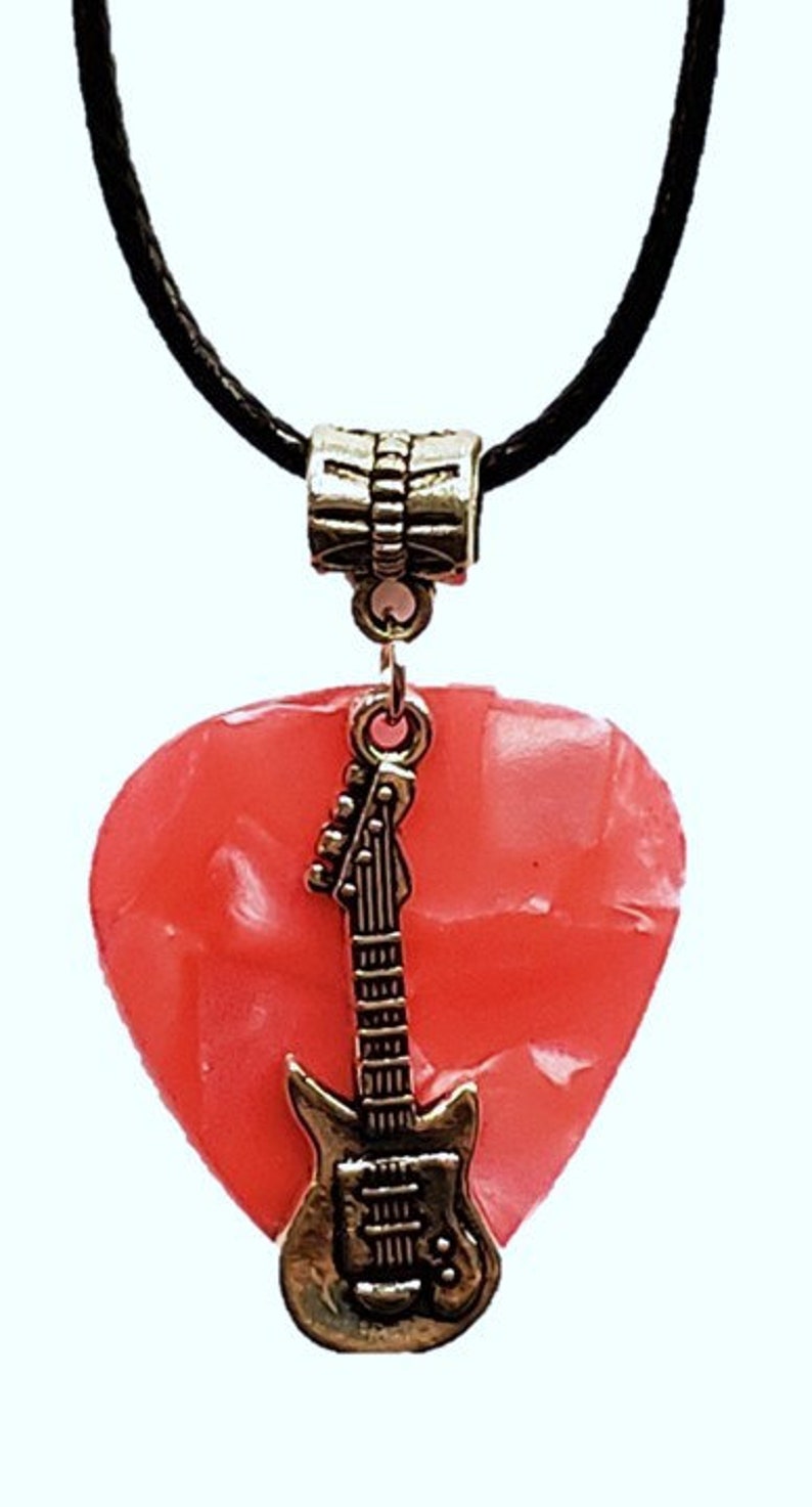 Electric Guitar Charm on Thin Black Cord Guitar Pick Necklace Choose Color Handmade in USA Pink