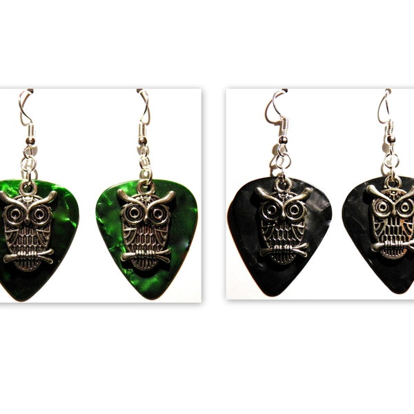 Large Owl Bird Charm Guitar Pick Earrings - Choose Color - Handmade in USA