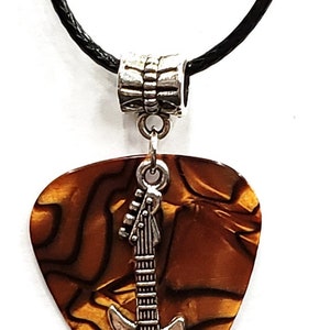 Electric Guitar Charm on Thin Black Cord Guitar Pick Necklace Choose Color Handmade in USA Brown
