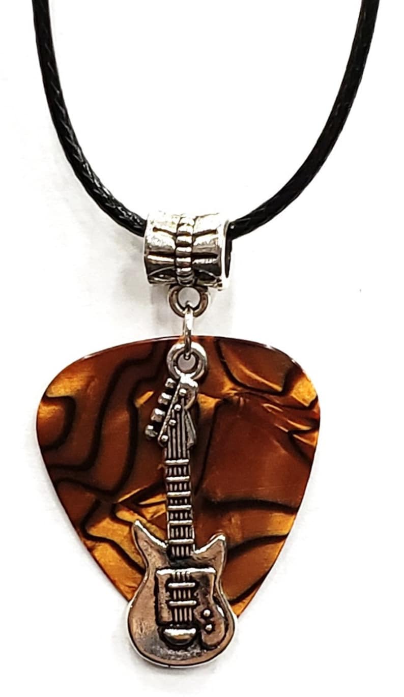 Electric Guitar Charm on Thin Black Cord Guitar Pick Necklace Choose Color Handmade in USA Brown