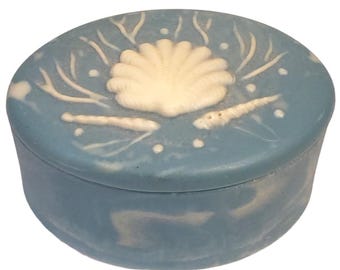 Incolay Stone Blue Trinket Box with White Seashells and Lid Vintage 1974 Oval