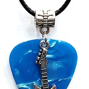 Electric Guitar Charm on Thin Black Cord Guitar Pick Necklace Choose Color Handmade in USA Teal Blue