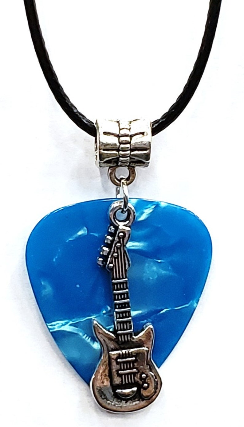 Electric Guitar Charm on Thin Black Cord Guitar Pick Necklace Choose Color Handmade in USA Teal Blue