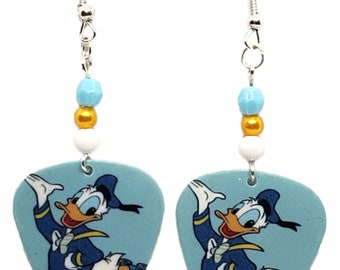 Handmade in USA New DONALD DUCK Disney Cartoon on Blue Guitar Pick Earrings 