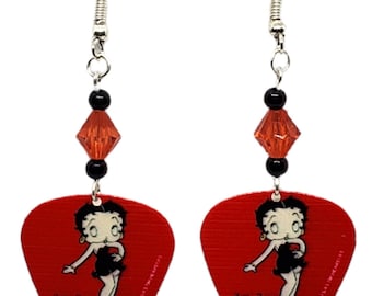 BETTY BOOP on Red and Black Guitar Pick Beaded Earrings - Handmade in USA