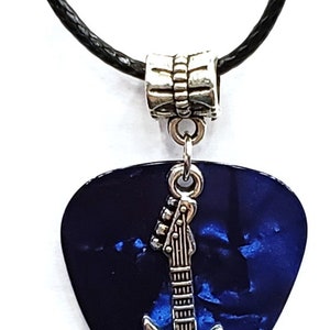 Electric Guitar Charm on Thin Black Cord Guitar Pick Necklace Choose Color Handmade in USA Dark Blue