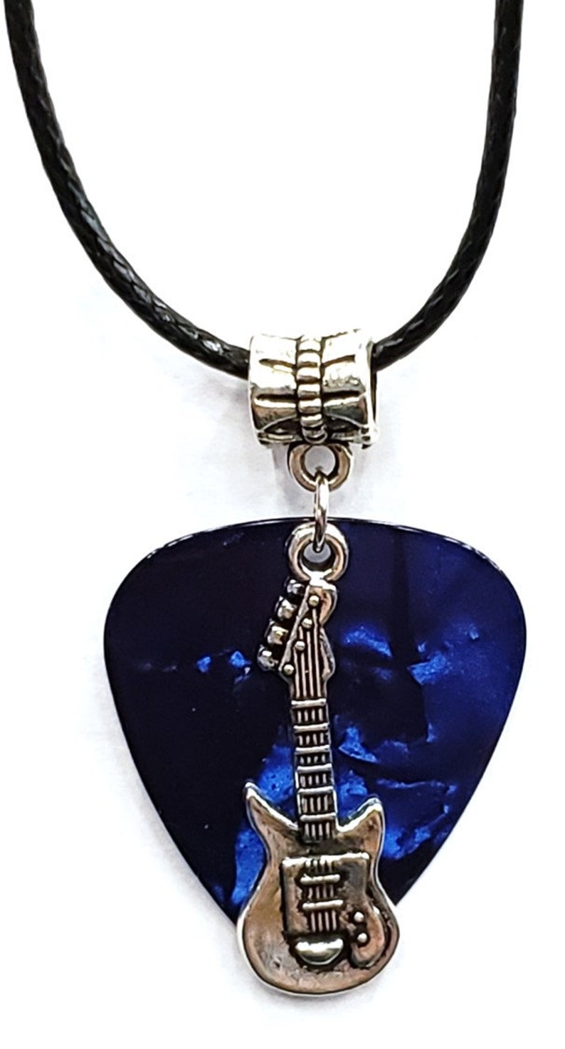 Electric Guitar Charm on Thin Black Cord Guitar Pick Necklace Choose Color Handmade in USA Dark Blue